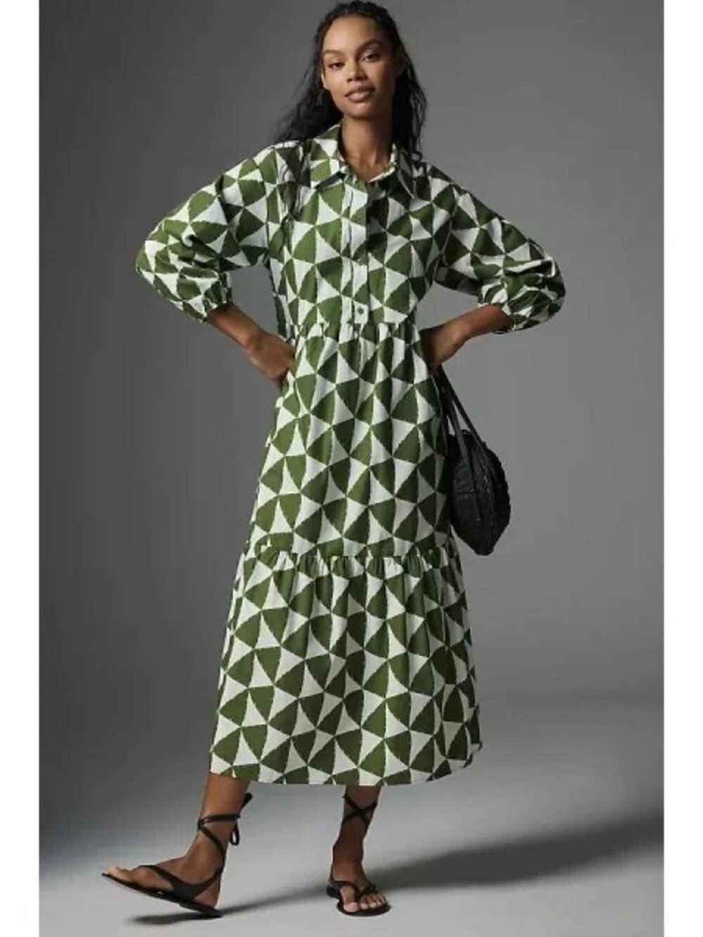 NWT Anthropologie Maeve Bettina in Green & White Traingles Cotton Shirt Dress M
